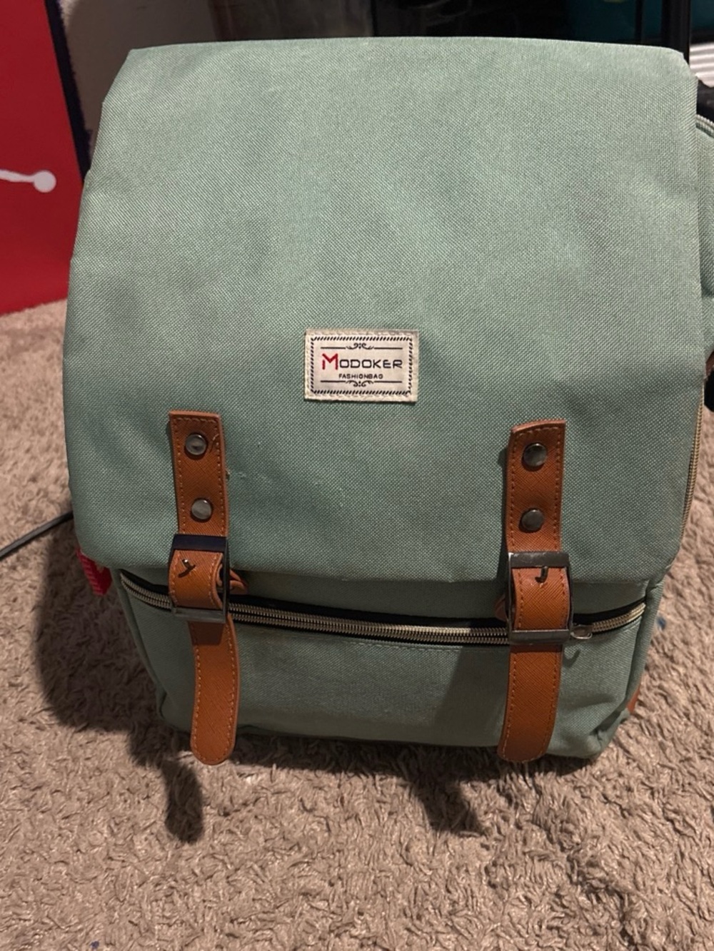 Mint Green Canvas Backpack with Brown Trim